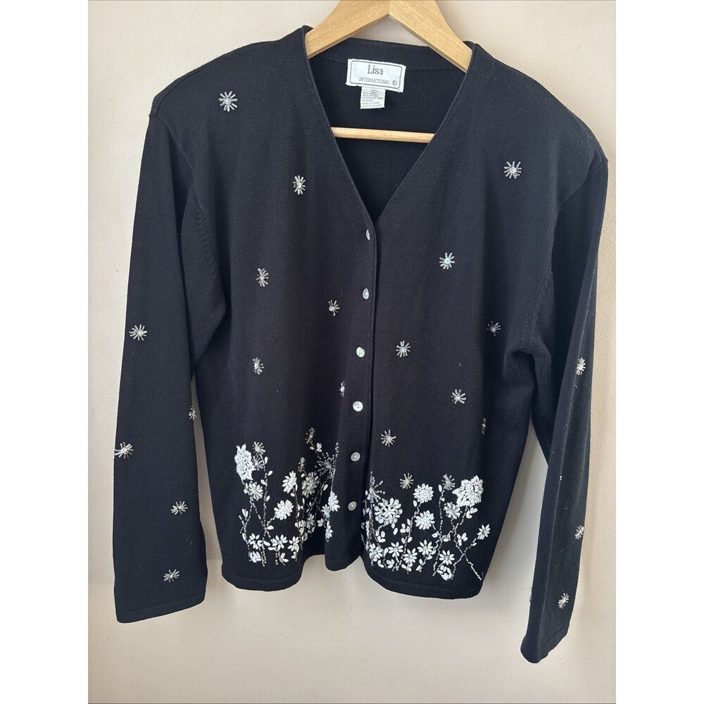 Vintage Lisa International Cardigan Womens L Black Beaded Floral Embroidered